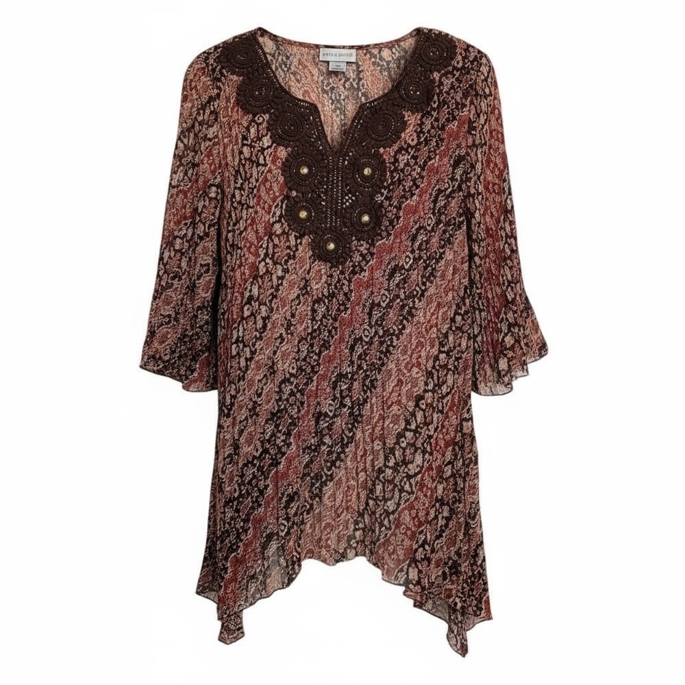 Catherines Brown Crochet Neckline Tunic Top Plus Size 1XWP Pleated Boho Rustic
